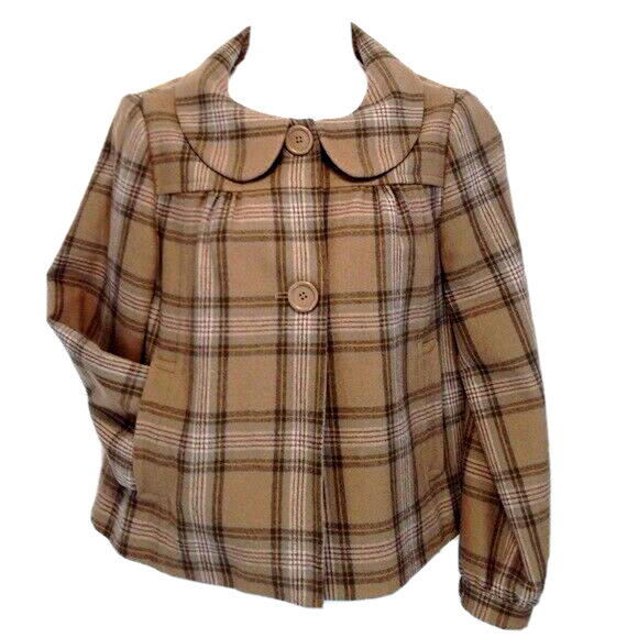Liz Claiborne Button Front Swing Wool Brown Plaid Jacket Blazer Petite Small Vtg - Picture 1 of 5